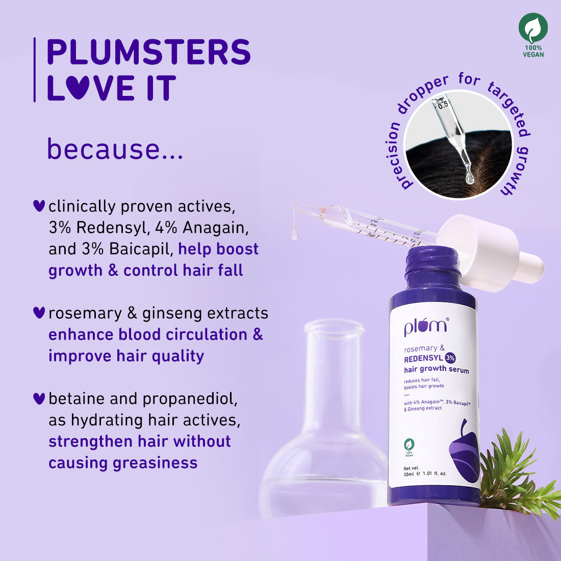 Plum Rosemary & 3% Redensyl Hair Growth serum | Reduces Hairfall | Boosts Hair Growth | Improves Hair Density, 30ml Buy at Indicrest Image 3