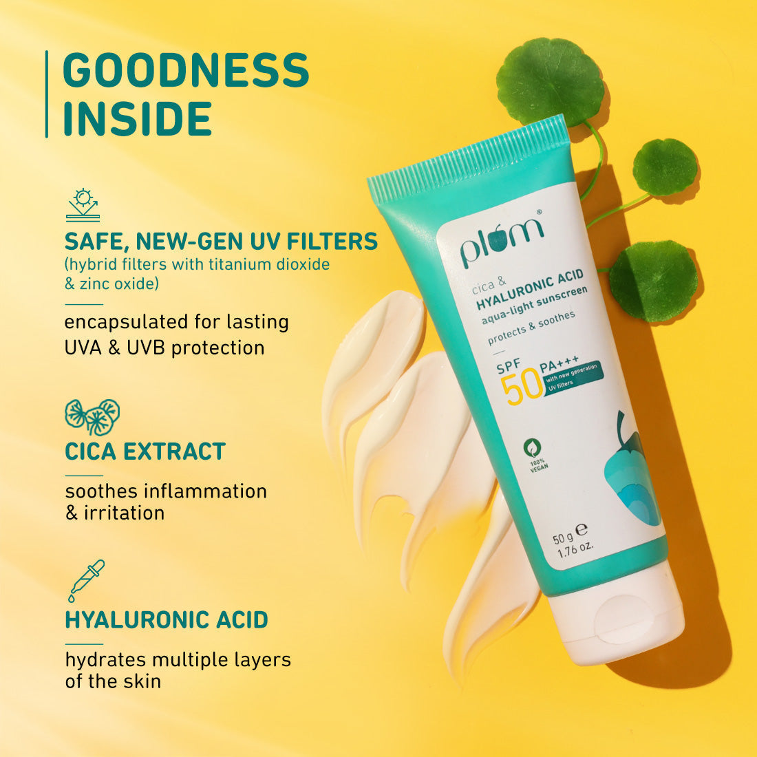 Plum Cica & Hyaluronic Acid SPF 50 Sunscreen | Safe, New Gen UV Filters | Non-Sticky| Non-Oily, 50g Buy at Indicrest Image 4