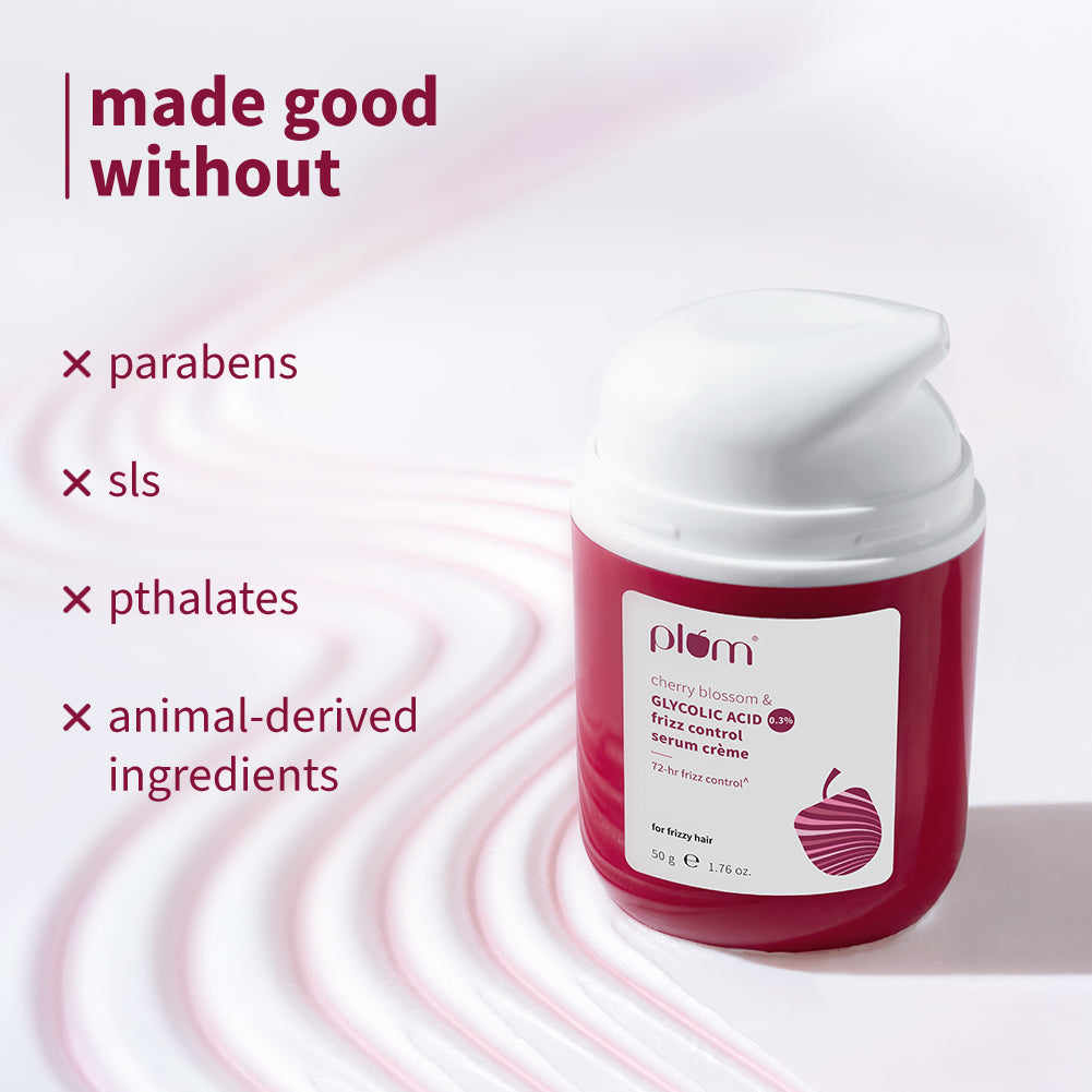 Plum 0.3% Glycolic Acid & Cherry Blossom Frizz Control Serum Creme | 72-Hr Humidity-Proof Frizz Control, 50g Buy at Indicrest Image 8