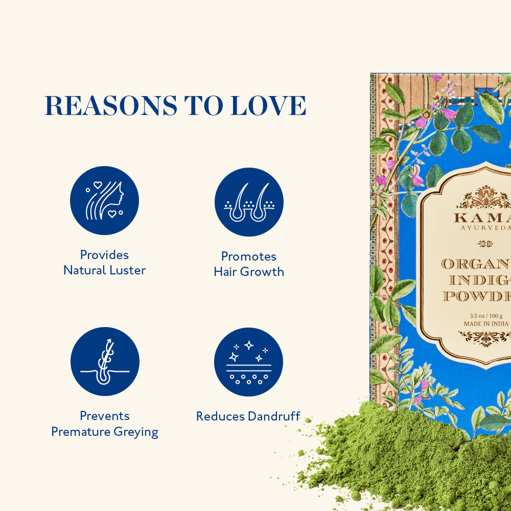 Kama Ayurveda Organic Indigo Powder For Natural Hair Coloring- 100% Organic, Prevents Premature Graying, 100g