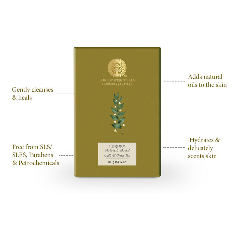 Forest Essentials Luxury Sugar Soap Oudh & Green Tea - Ayurvedic Handmade Bath Soap, 100 g