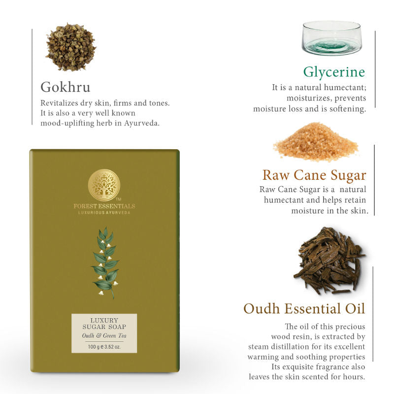 Forest Essentials Luxury Sugar Soap Oudh & Green Tea - Ayurvedic Handmade Bath Soap, 100 g