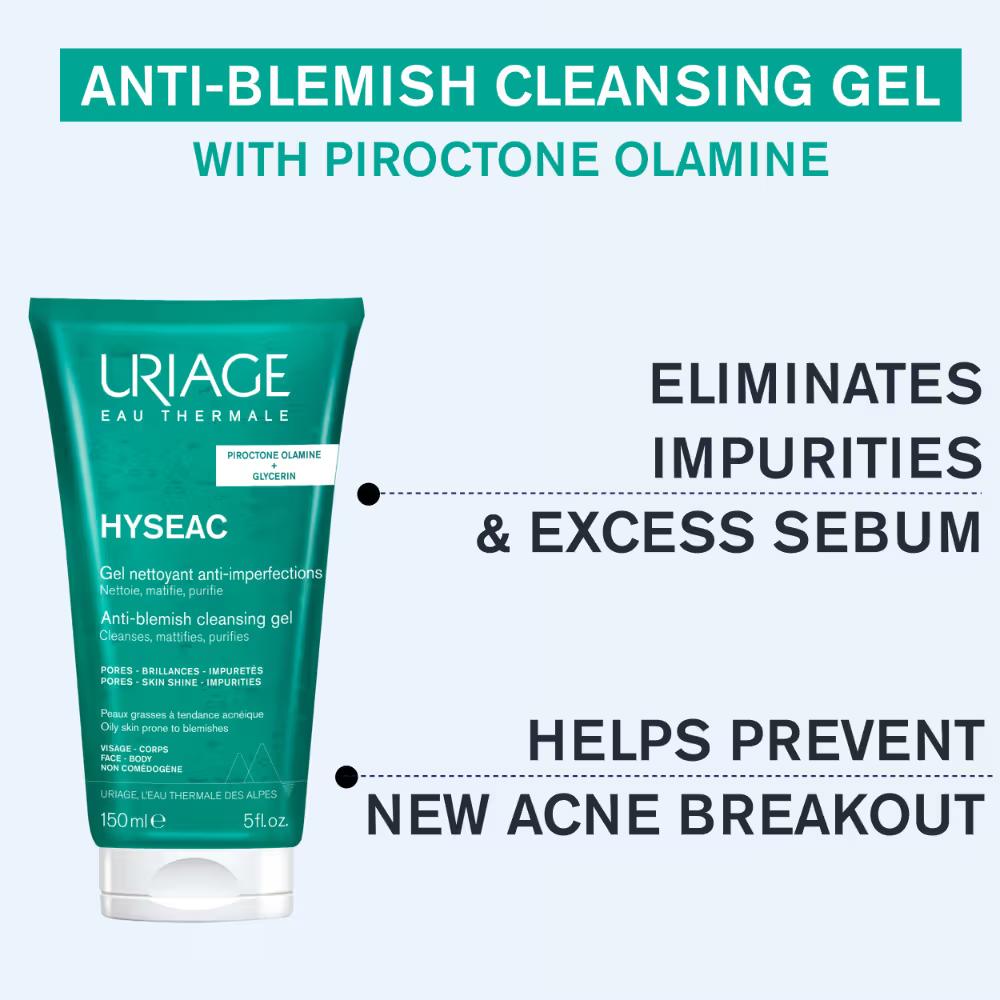 Uriage Hyseac Gentle Gel Face Wash for Oily Acne Prone Skin Foams, Purifies & Eliminates Excess Oil, 150ml