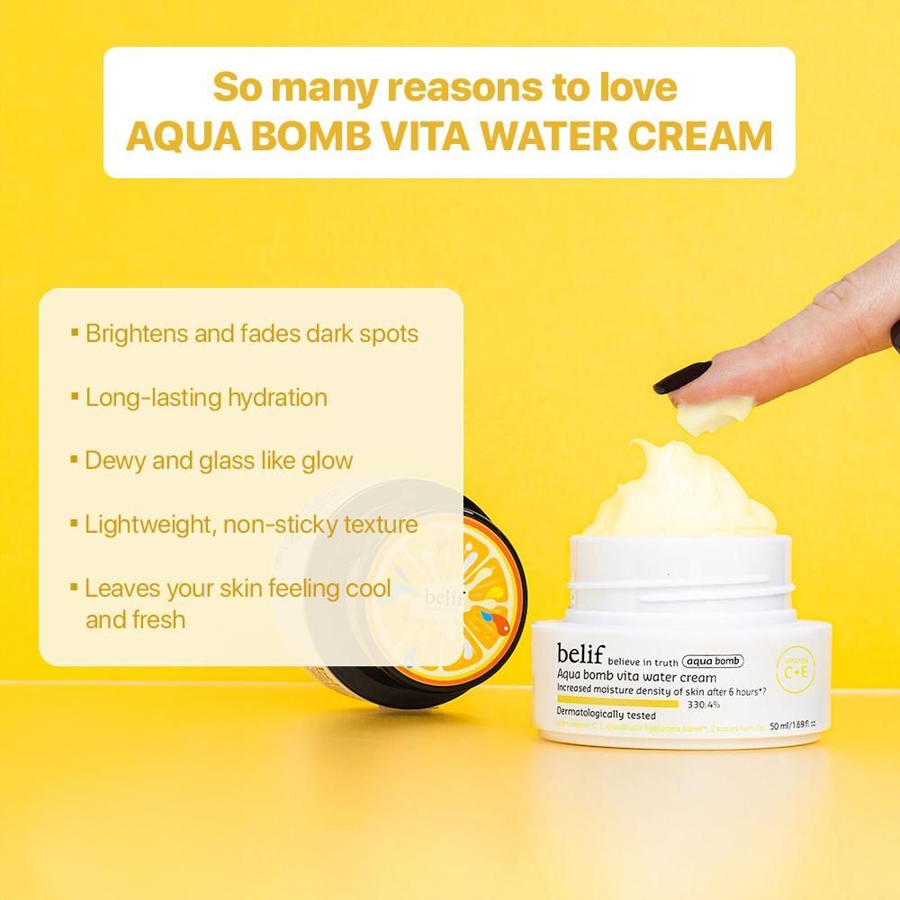 belif Aqua Bomb Vita Water Cream-Brightening Vegan Korean Moisturizer-Vitamin C & Hyaluronic Acid, 50ml