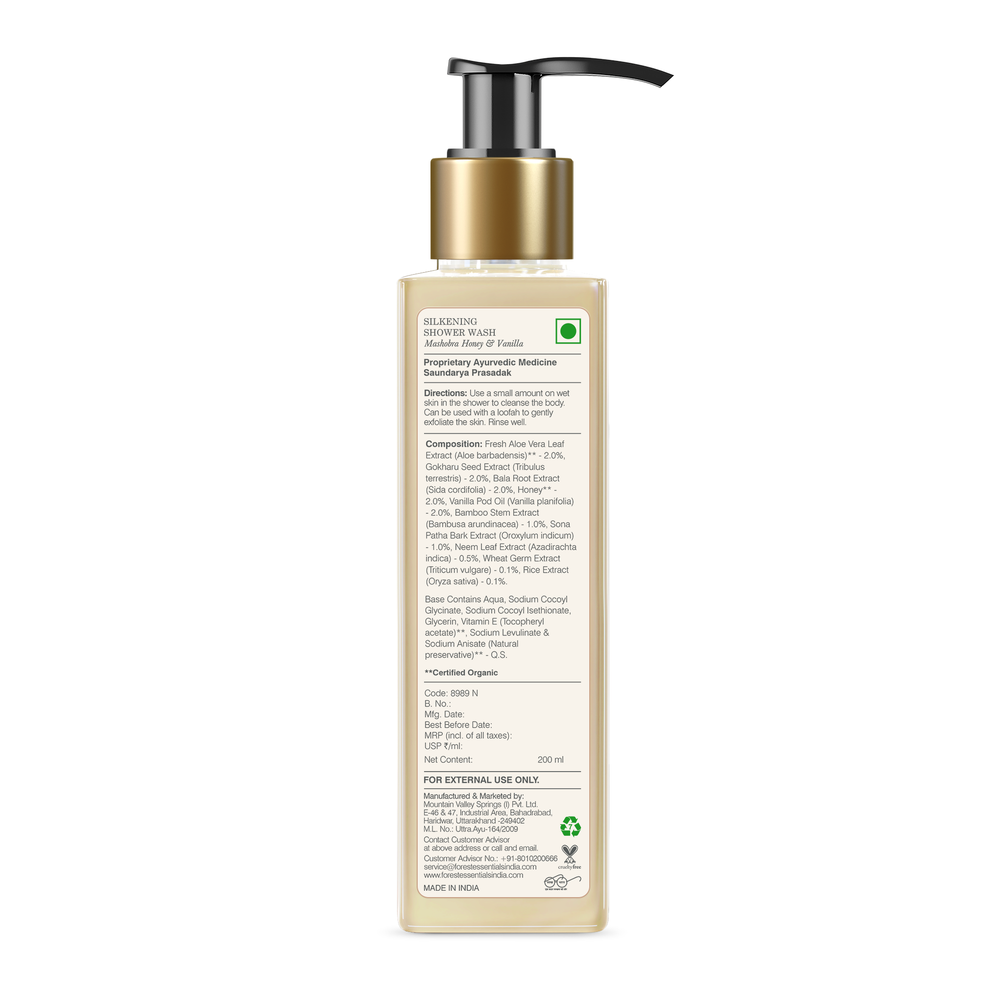 Forest Essentials Silkening Shower Wash Mashobra Honey & Vanilla - Ayurvedic Body Wash Sulphate Free, 200ml