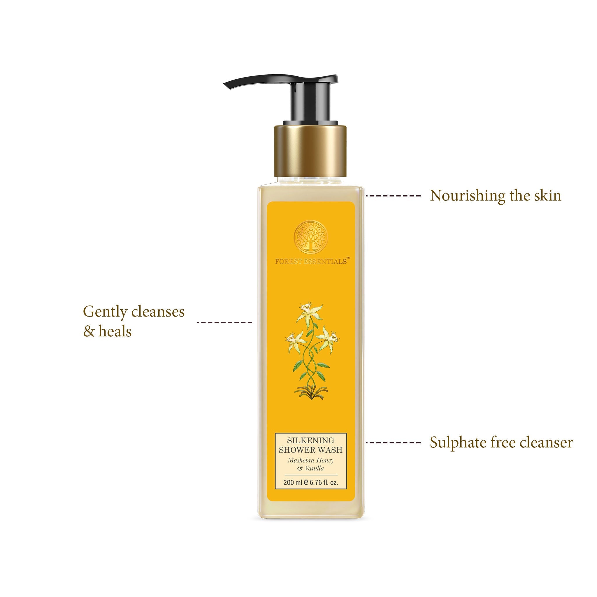 Forest Essentials Silkening Shower Wash Mashobra Honey & Vanilla - Ayurvedic Body Wash Sulphate Free, 200ml