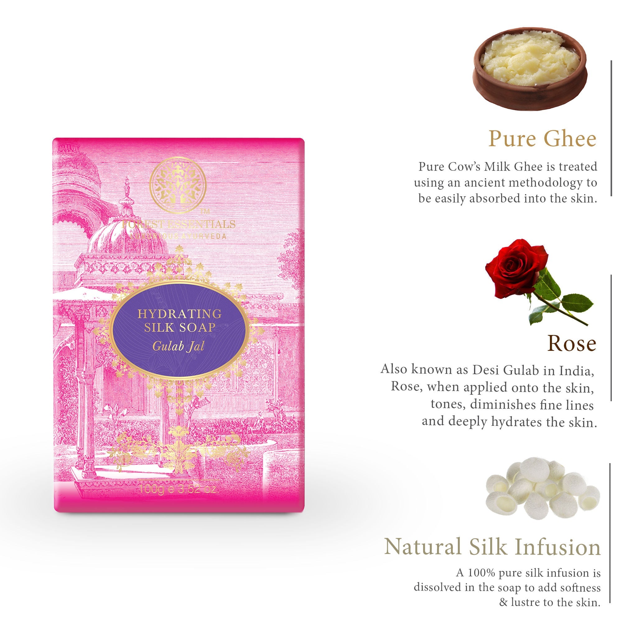 Forest Essentials Hydrating Silk Soap Gulab Jal Ayurvedic Luxury Handmade Soap for Bath, 100g