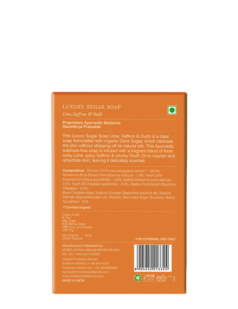 Forest Essentials Lime Saffron & Oudh Ayurvedic Luxury Handmade Soap, 100g