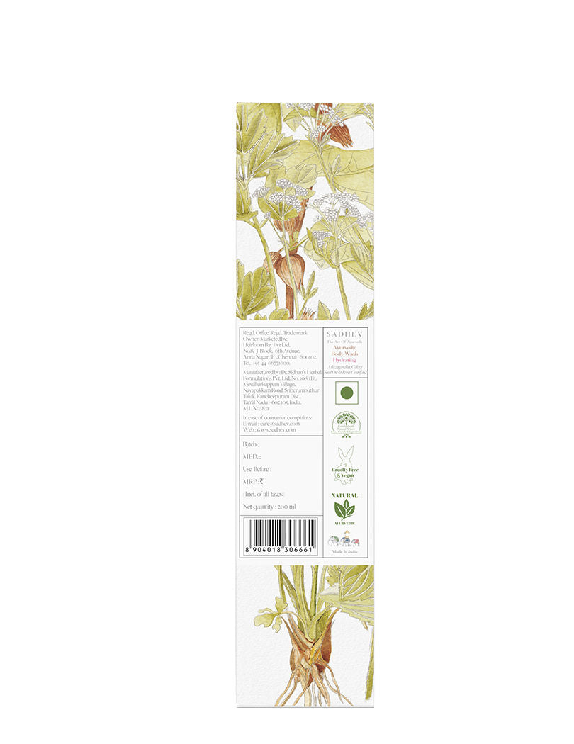 SADHEV Ayurvedic Ashwagandha, Celery Seed Oil & Rosa Centifolia Hydrating Body Wash, 200ml