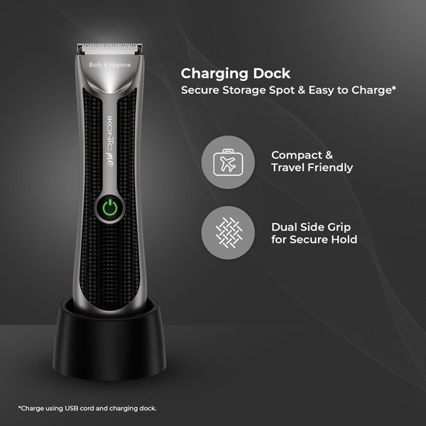 Ikonic Me Body & Hygiene Trimmer – Precision Grooming for Body & Intimate Areas | LED Spotlight | 90-Min Runtime | Powerful 7,000 RPM Motor | Water-Resistant (IPX6) | Stainless Ceramic Blades | Charging Dock Included Buy at Indicrest Image 6