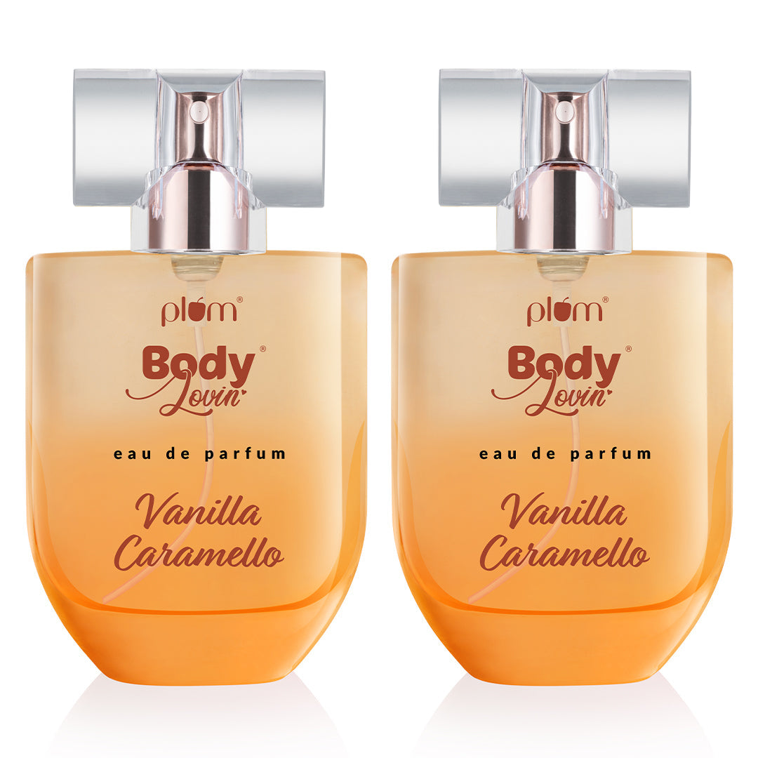 Plum Vanilla Caramello Eau De Parfum (Perfume) by Plum BodyLovin' | Long Lasting | Vanilla & Salted Caramel Fragrance | Supremely Luxurious, 50ml x 2