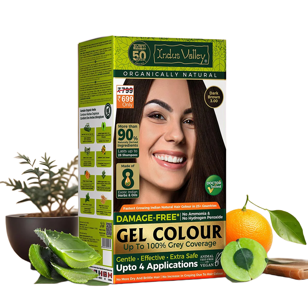 INDUS VALLEY Damage Free Natural Gel Hair Colour for Men and Women, Ammonia & PPD Free Natural and Organic Hair Colour with 100% Grey Coverage, Long Lasting Hair Color Dark Brown 3.00 – 220ml – 4 Time Application Buy at Indicrest