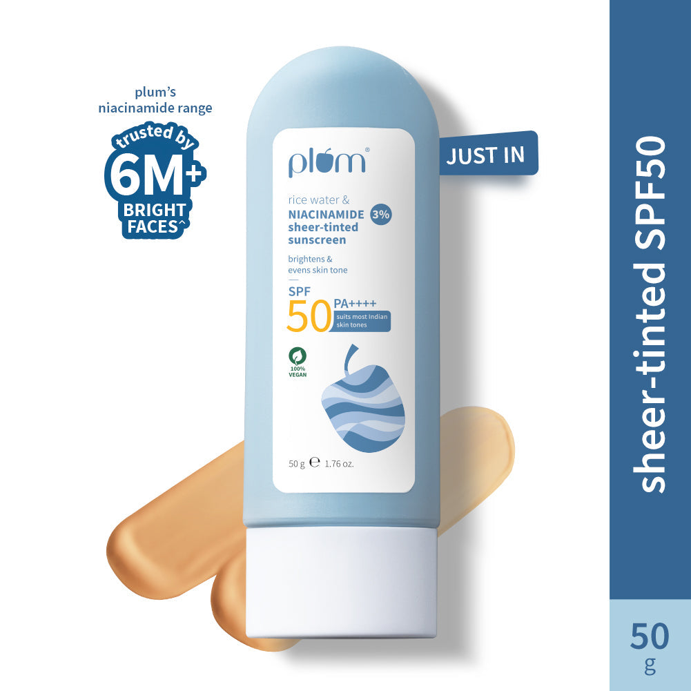 Plum 3% Niacinamide & Rice Water SPF 50 Sheer-Tinted Sunscreen | Universal Tint For Most Indian Skin Tones | Non-Greasy, 50g Buy at Indicrest Image 3