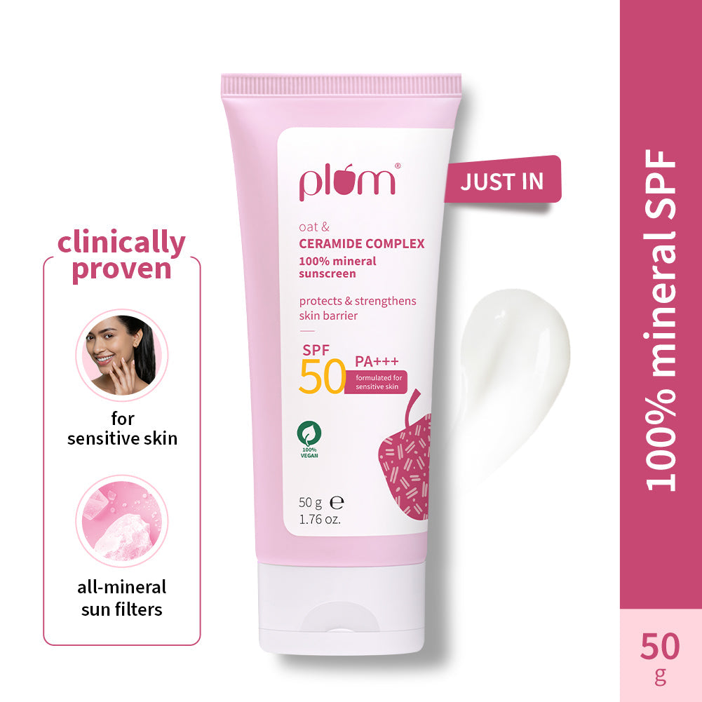 Plum Plum Oat & Ceramide Complex 100% Mineral Sunscreen | Spf 50 PA+++ | No White Cast | For Sensitive Skin | Gynaecologist & Pediatrician Trusted | Strengthens Skin Barrier | Lightweight, Non-Oily | Men & Women, 50g Buy at Indicrest Image 2