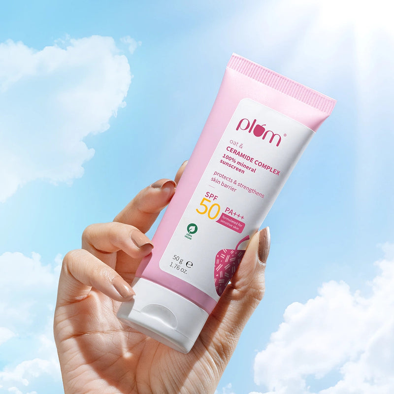 Plum Plum Oat & Ceramide Complex 100% Mineral Sunscreen | Spf 50 PA+++ | No White Cast | For Sensitive Skin | Gynaecologist & Pediatrician Trusted | Strengthens Skin Barrier | Lightweight, Non-Oily | Men & Women, 50g Buy at Indicrest