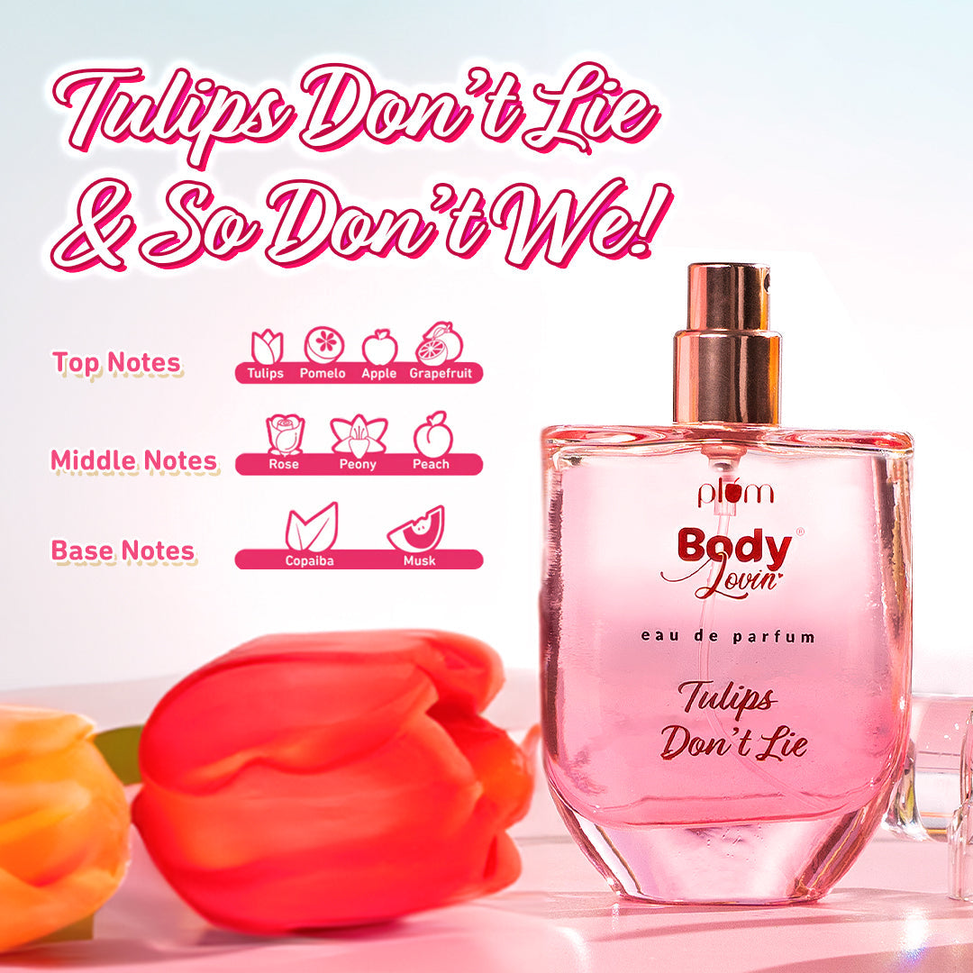 Plum Tulips Don't Lie Eau De Parfum (Perfume) by Plum BodyLovin' | Long Lasting | Supremely Luxurious | Fresh Delicate Floral Scent, 50ml Buy at Indicrest Image 4