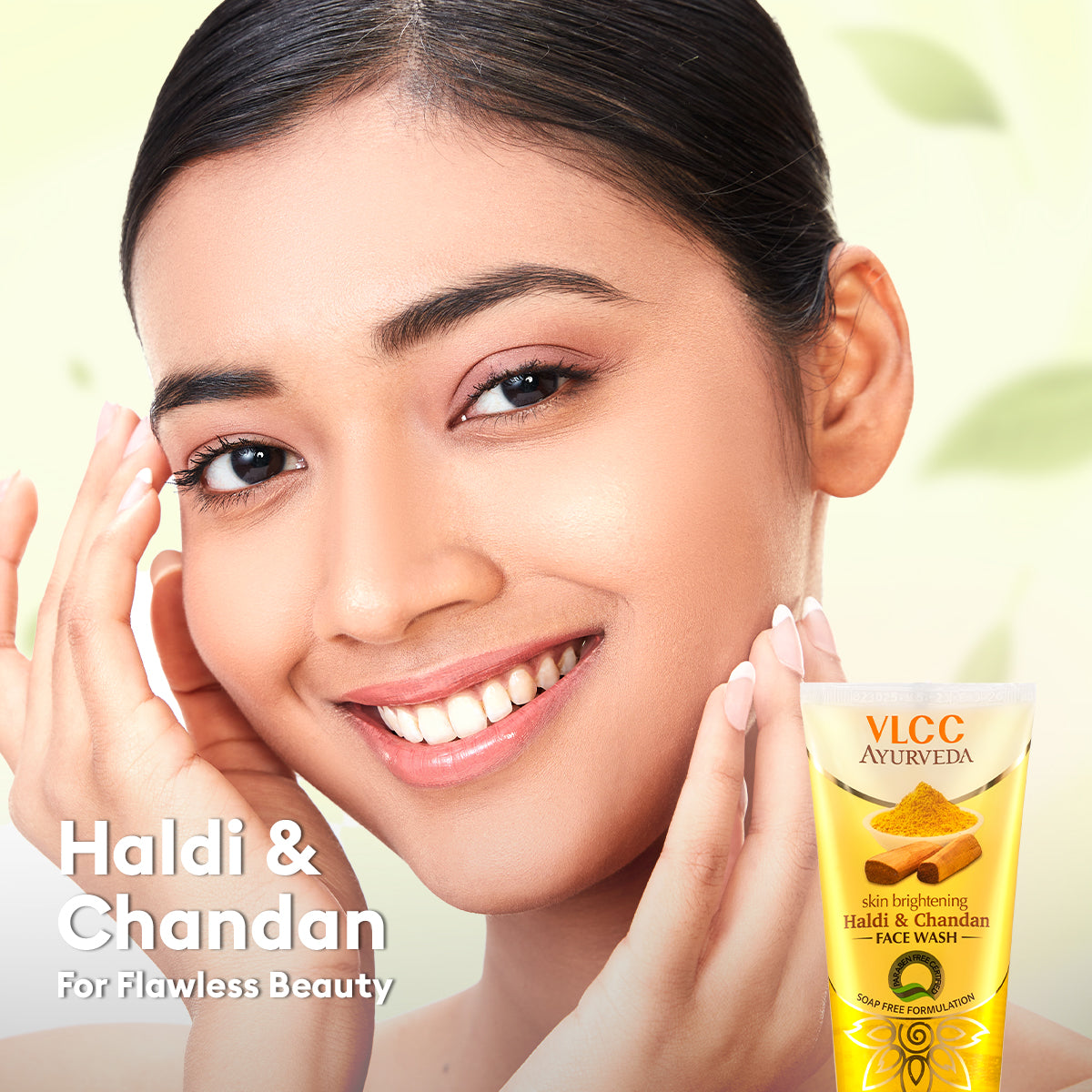 Woman holding a Vedic Ayurveda face wash tube with text 'Haldi & Chandan For Flawless Beauty' on a light green background