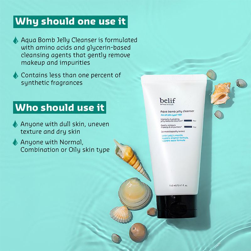 belif Aqua Bomb Jelly Cleanser - Hydrating Vegan Korean Gentle Face Wash & & Makeup Remover, 160ml