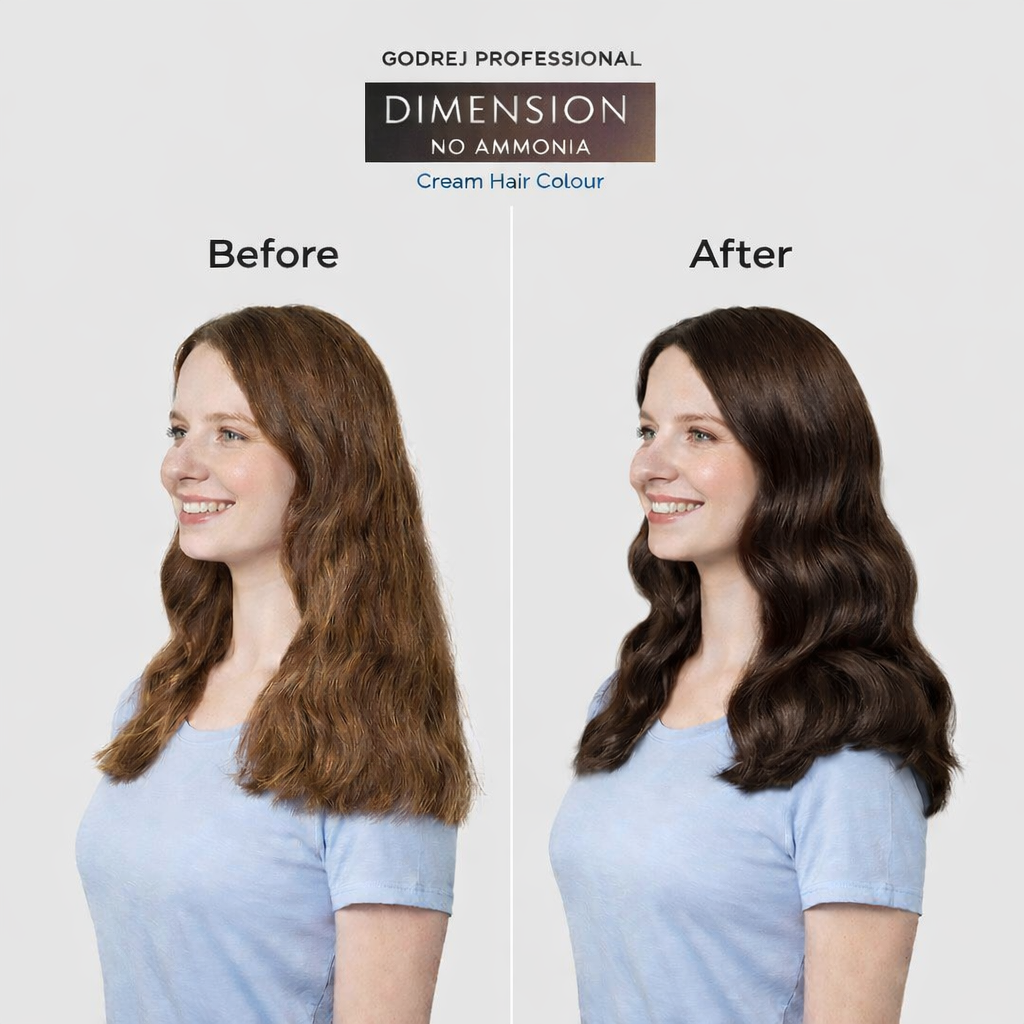 Godrej Professional Dimension No Ammonia Cream Hair Colour 4G Brown before and after result showing visible hair colour transformation